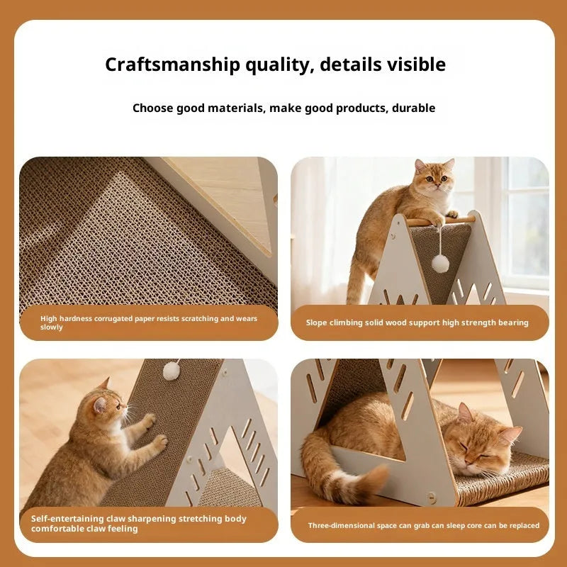 Triangular corrugated cardboard cat scratching board with MDF frame, nest and climbing function, plus replacement core.