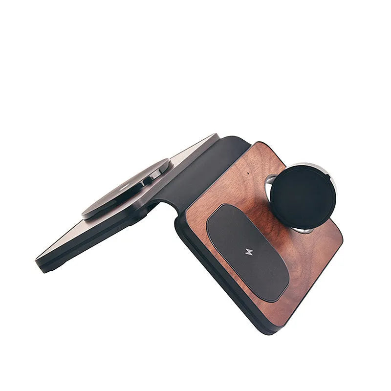 Three-in-one foldable walnut magnetic wireless charger with QC 3.0 fast charging model BY3011 WB