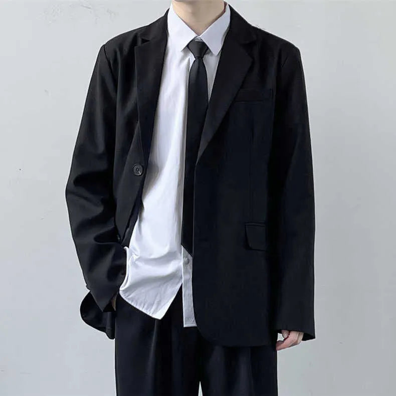 Plus size men's college style suit jacket and trousers set with white shirt and tie on hanger