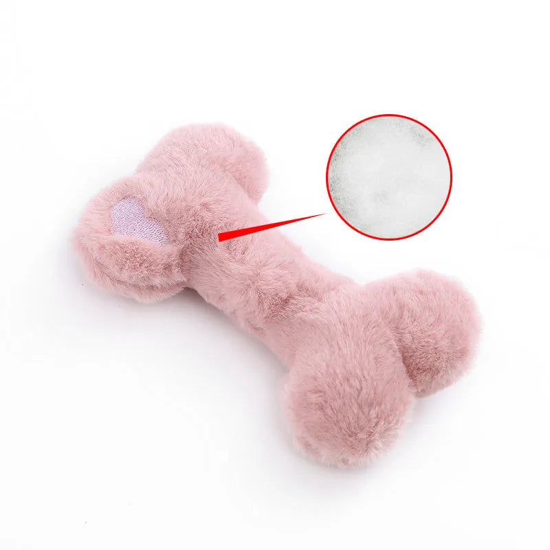 Blue bone-shaped plush dog toy with squeaker for interactive play and chewing.