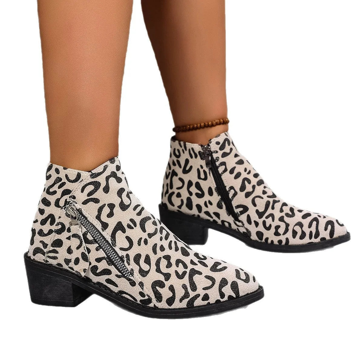 Ladies chunky heel ankle boots large size pointed toe leopard print block heel cotton upper side zipper