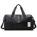 Black fitness shoulder messenger bag showing dry wet separation compartment and shoulder strap.