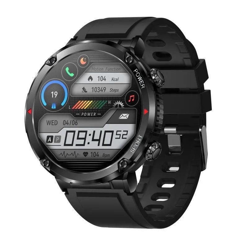 T30 smart watch with black silicone strap showing IPS touch screen displaying heart rate data