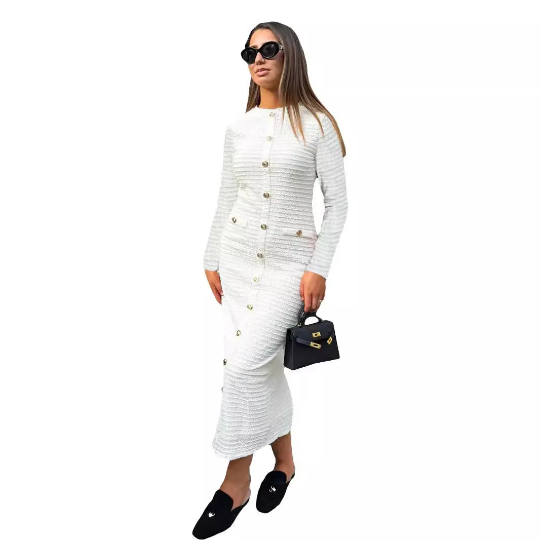 French retro slim fit knitted long-sleeved dress with button detail in black or white