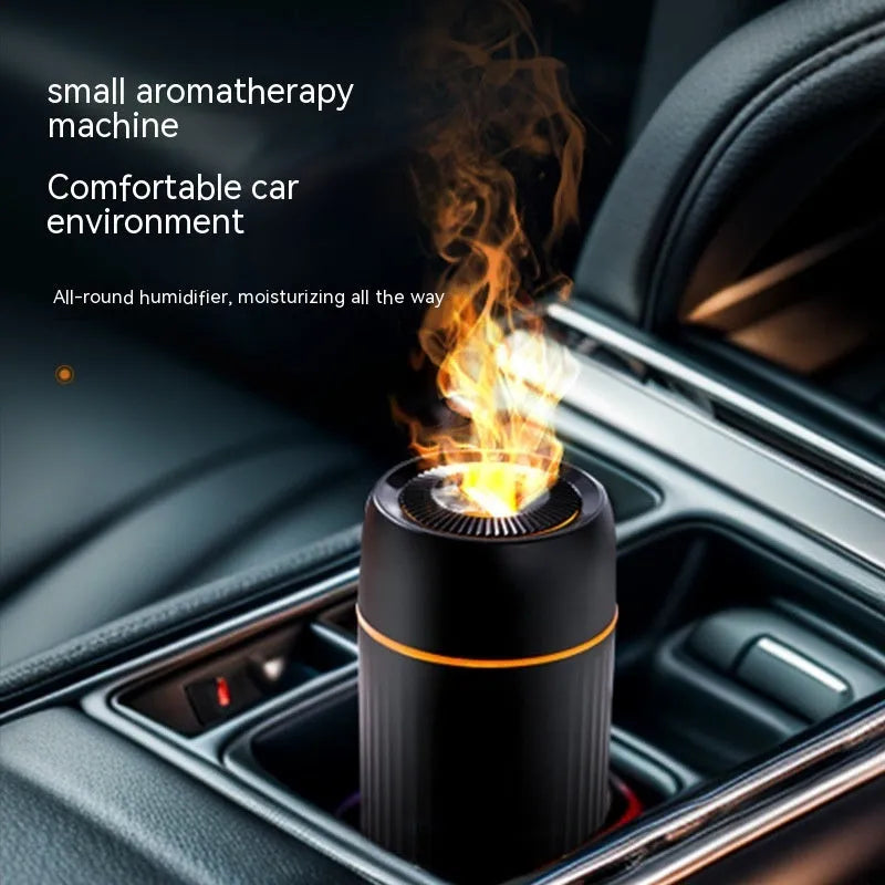 Car flame aroma diffuser with compact 70mm design for vehicle cup holders