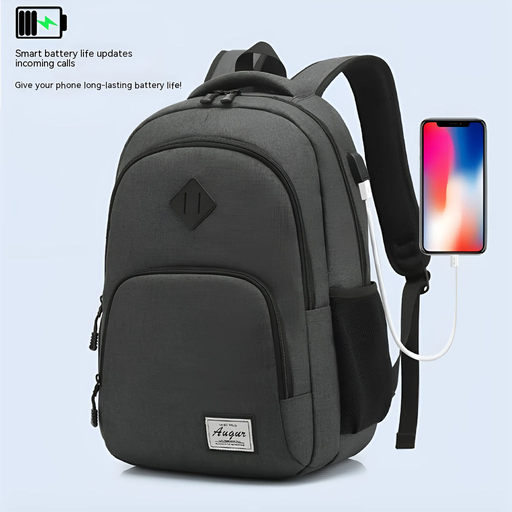 Gray lightweight backpack with USB charging port and trolley sleeve in nylon fabric