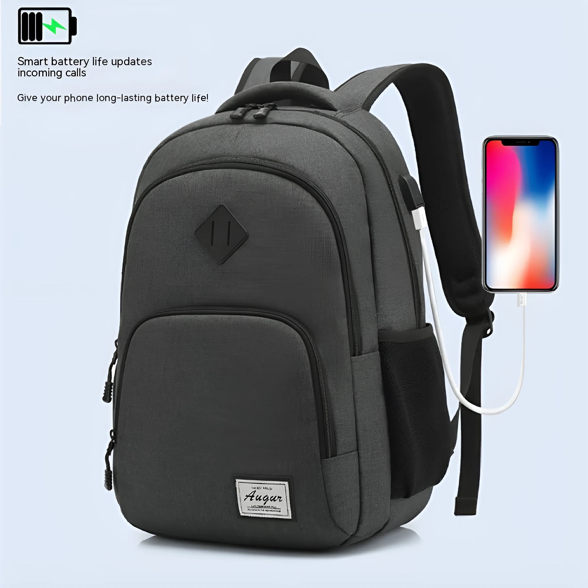 Gray lightweight backpack with USB charging port and trolley sleeve in nylon fabric