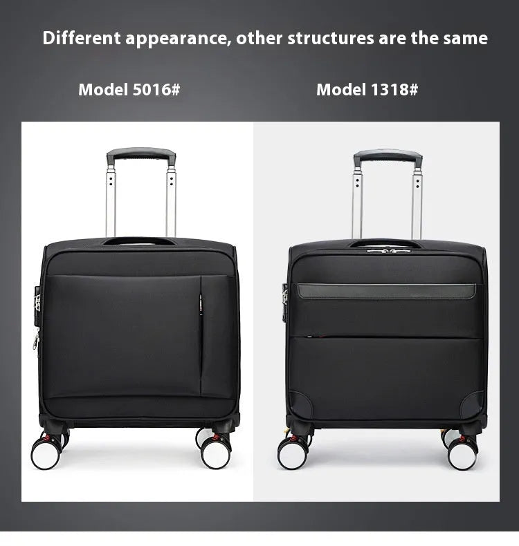 18 inch black Oxford cloth business suitcase with universal wheels and a draw bar box