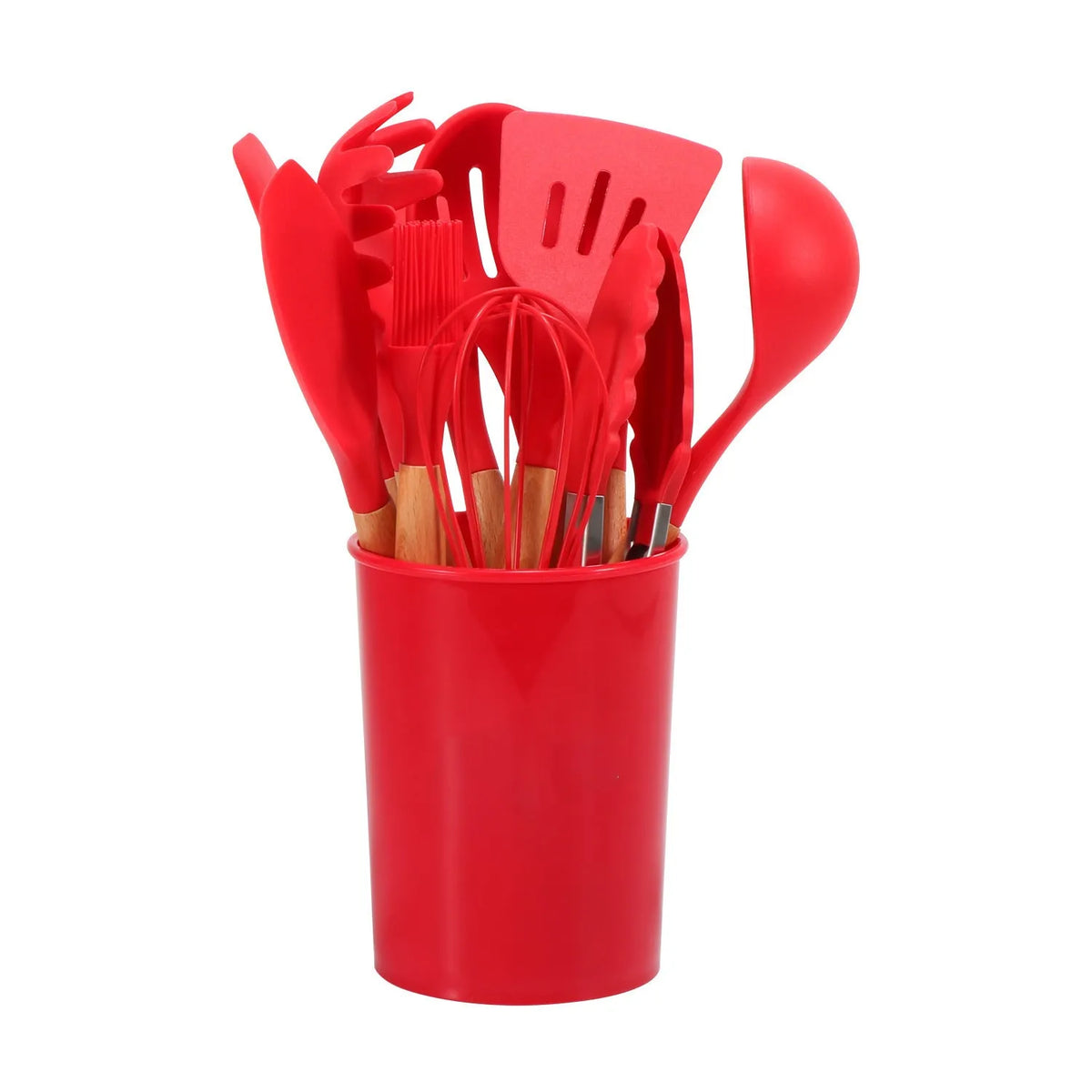 12-piece silicone kitchenware set with wooden handles in modern simplicity style, assorted colour box packaging