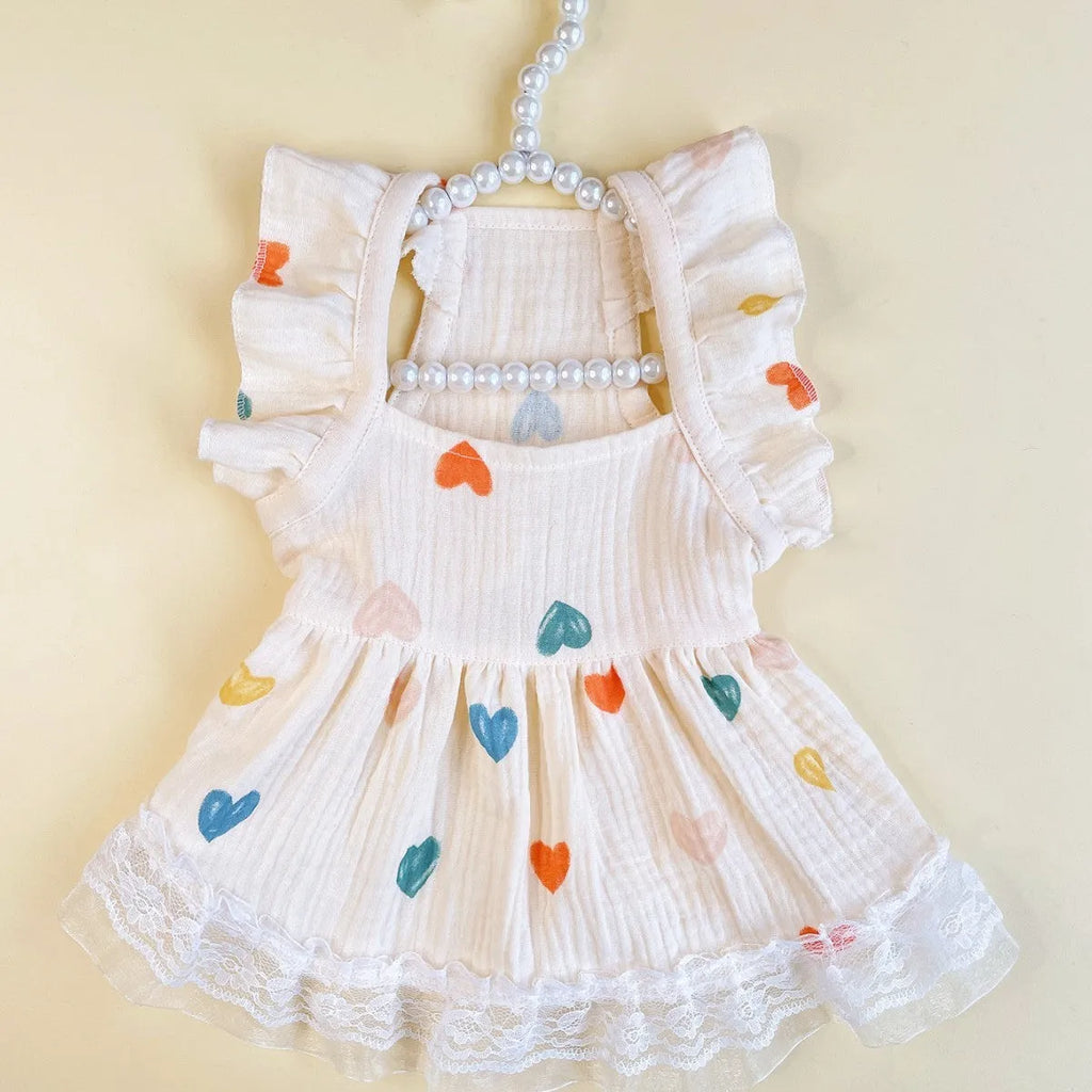Light yellow love heart flying sleeve girl's dress polyester casual XS-XXL