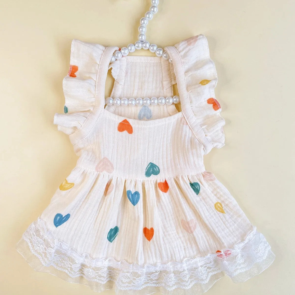 Light yellow love heart flying sleeve girl's dress polyester casual XS-XXL