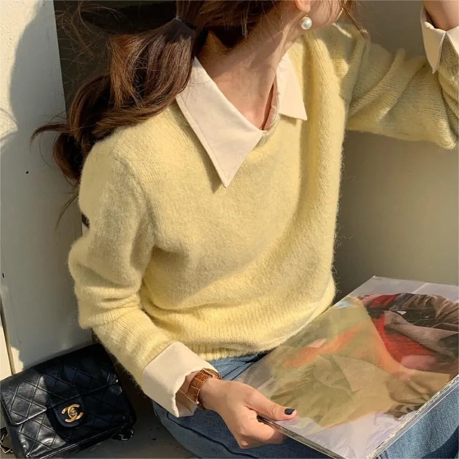 Women's loose-fitting knitwear top with contrast lapels in polyester fabric