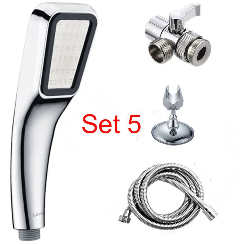 Orange hand-held pressurised shower head with wall bracket and installation hardware sets