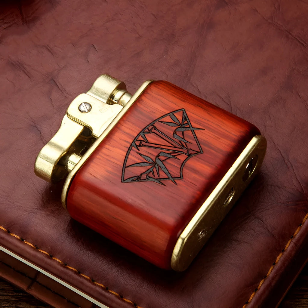 Wooden kerosene lighter retro old fashioned cotton oil lighter 53x50x20mm in ebony colour with gift box