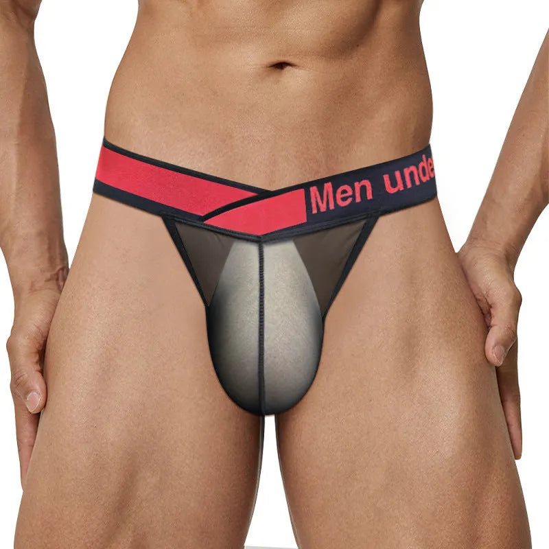 Men's transparent ice silk briefs in solid colour with low waist and V gradient high fork design