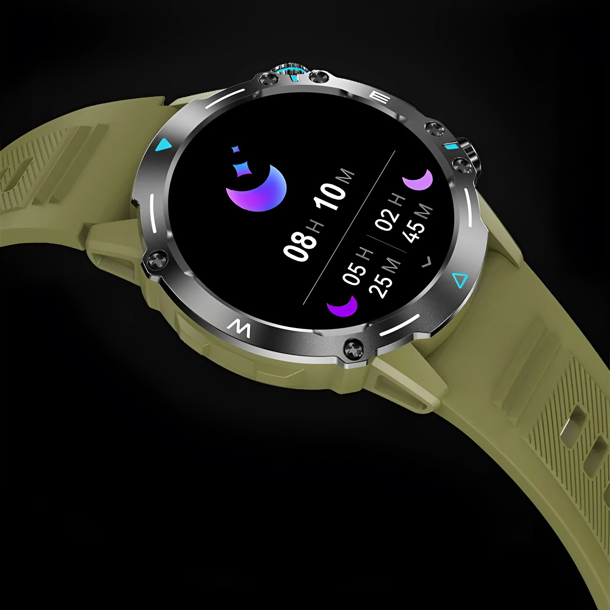 M42 smart watch in black, grey, or green with AMOLED display showing fitness metrics