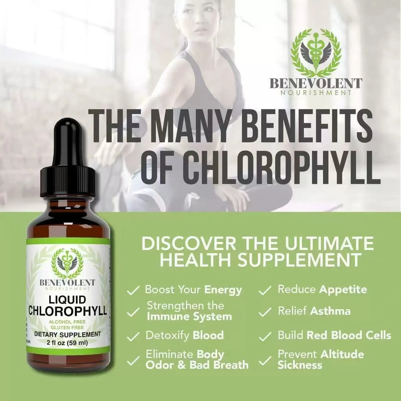 60ml bottle of natural liquid chlorophyll drops for adult intestinal care and body odour support.
