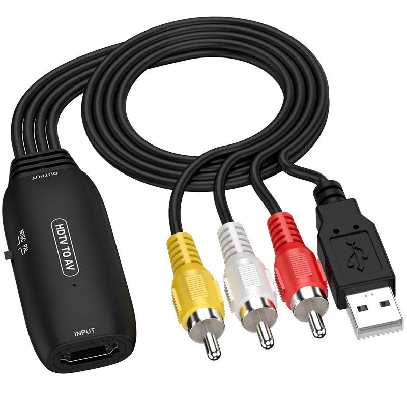 Black HDMI to AV converter adapter with 110cm cable for projector and monitor video signal conversion