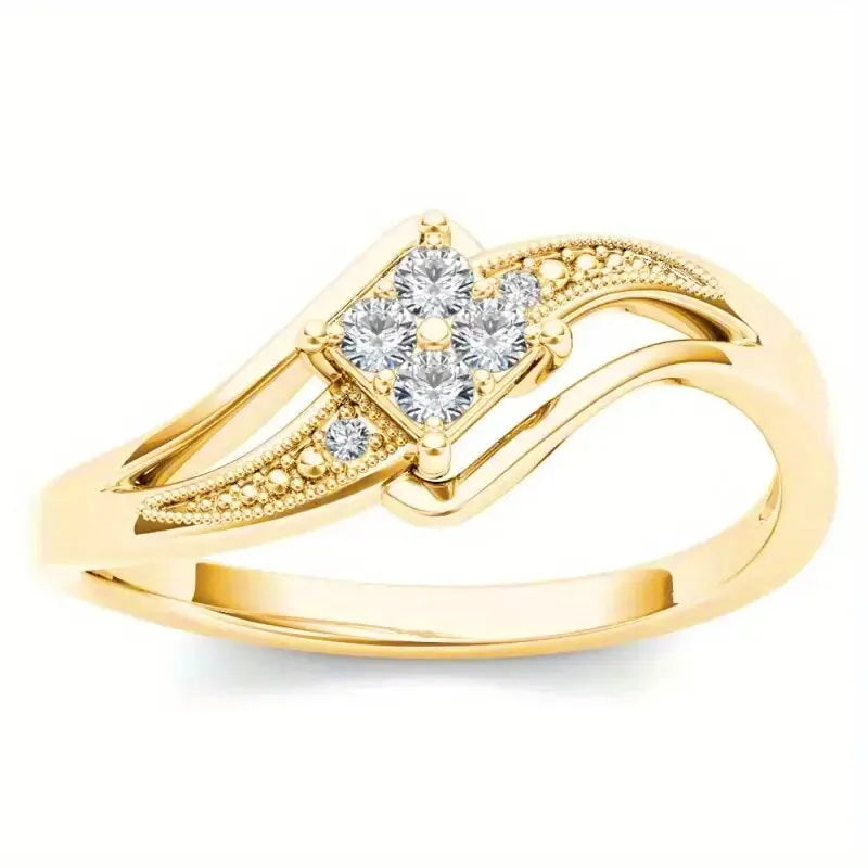 Women's copper diamond ring with geometric design and micro inlaid zircon stones in yellow gold finish