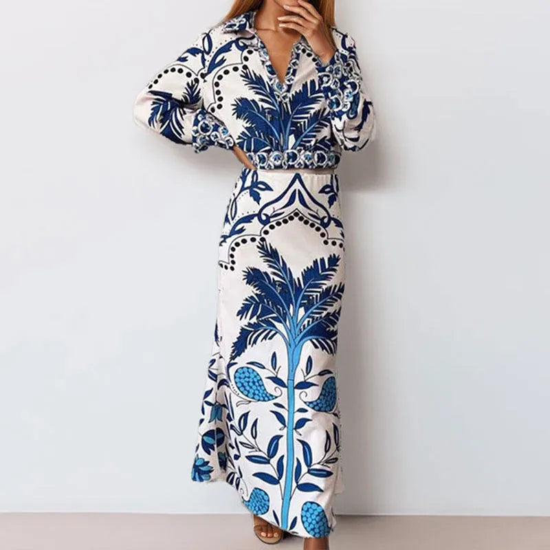 Women's floral print two-piece casual set with long sleeves and a long skirt in picture colour.