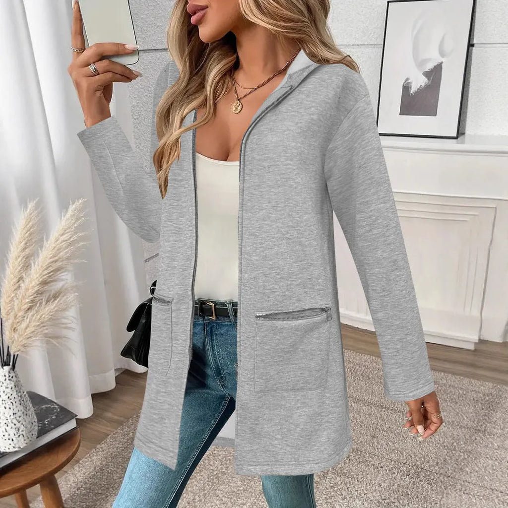 Women's loose fit mid-length cardigan coat in polyester with side pockets