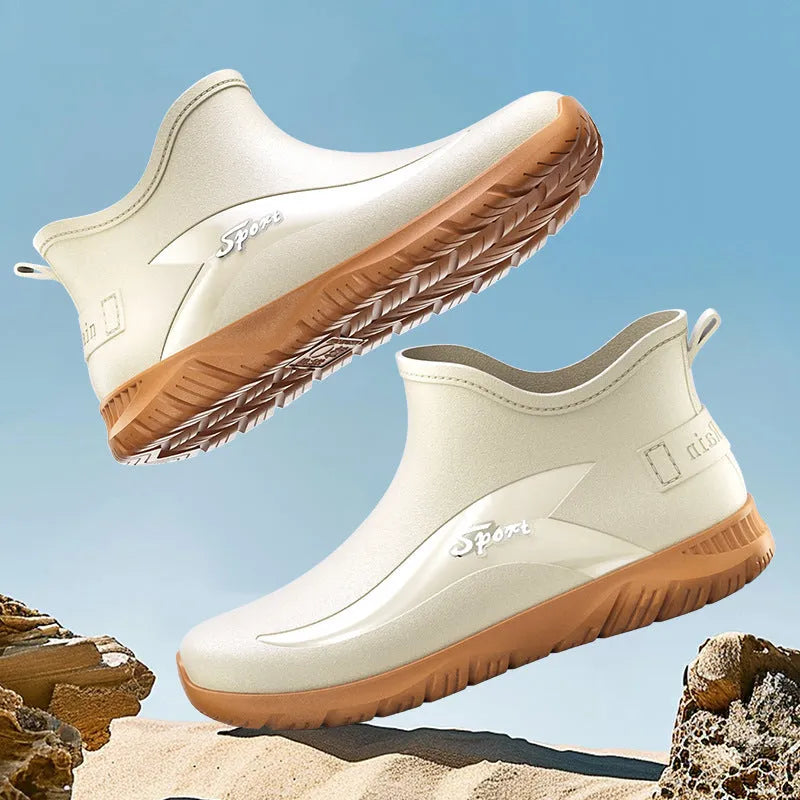 Men's non-slip flat heel PVC rubber short boots in solid colours with casual style