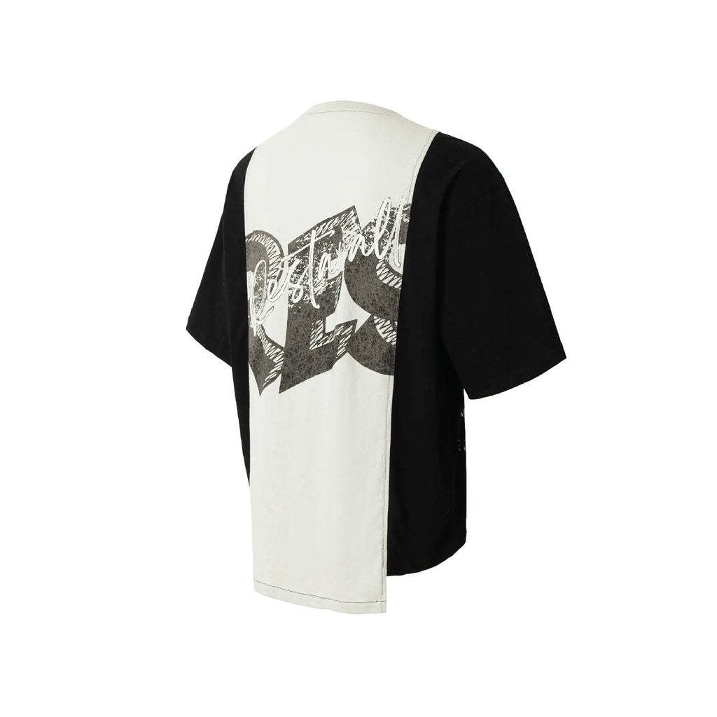 Black and white deconstruction collage printed cotton blend t-shirt with loose fit and short sleeves