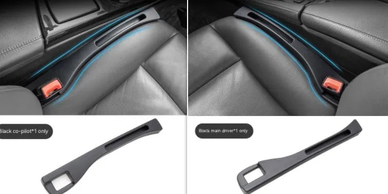 Black plastic car seat gap storage box organiser with handle between vehicle seats