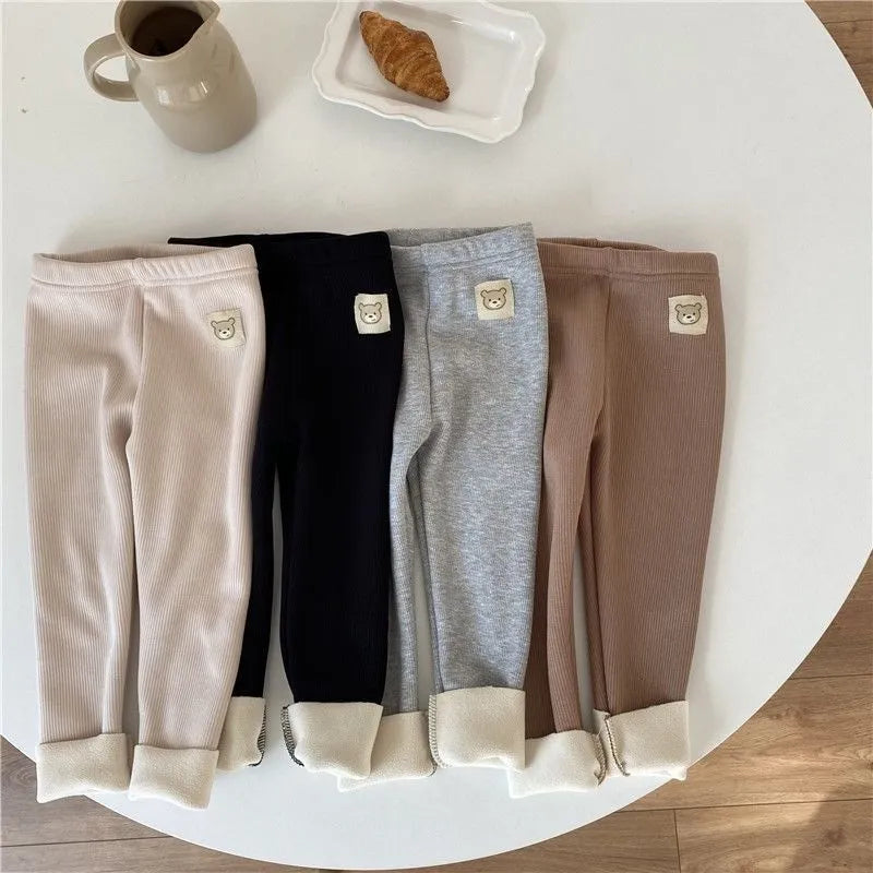 Girls' Korean style fleece-lined leggings in high waist design with elastic band