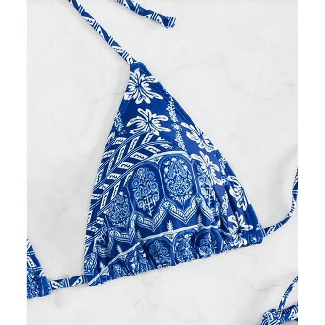 Women's bandage swimsuit with split bikini printing and stitching details in polyester fabric