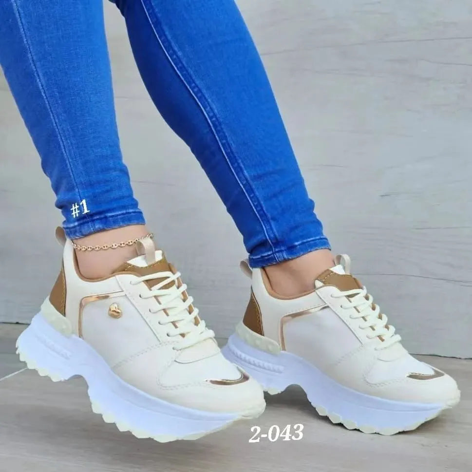 Women's heel lift sneakers with height increase, artificial PU upper, round toe, solid colour, available in black white pink apricot