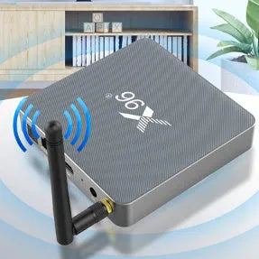Android smart set-top box with remote control showing dual-band WiFi and Bluetooth connectivity options