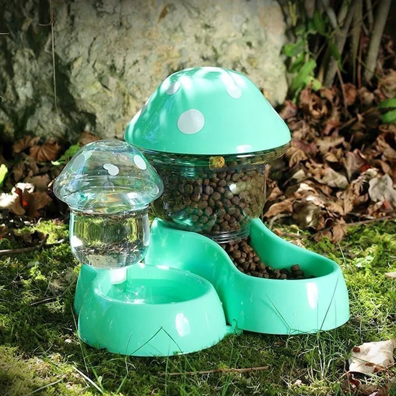 Blue mushroom-shaped automatic pet feeder with dual compartments for water and dry food, made from food-grade PP