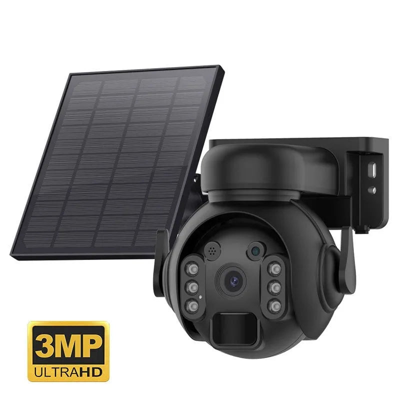Solar security camera in camouflage finish with solar panel and lens visible