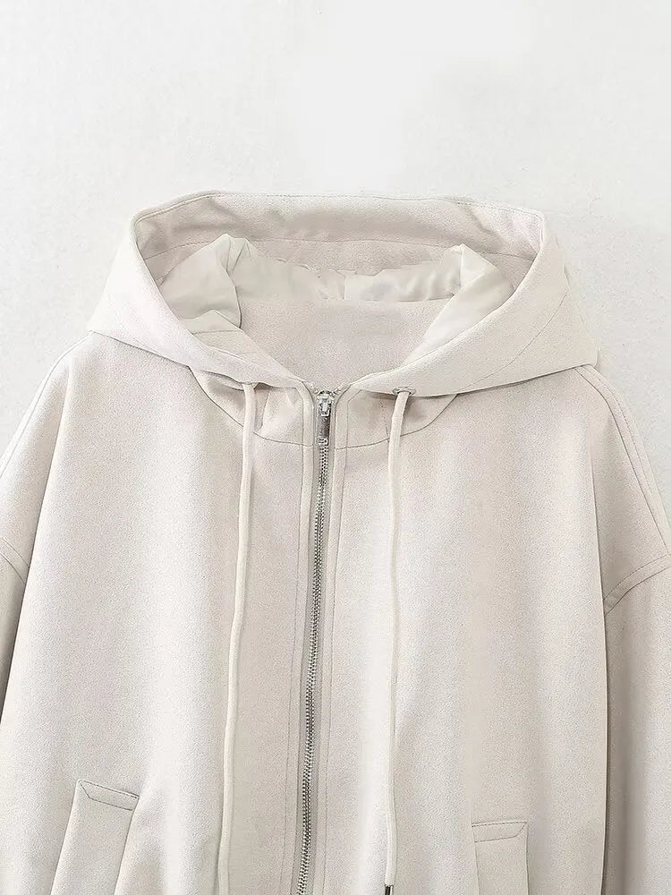 Women's casual hooded jacket in soft suede fabric, shown in black and white colour options.