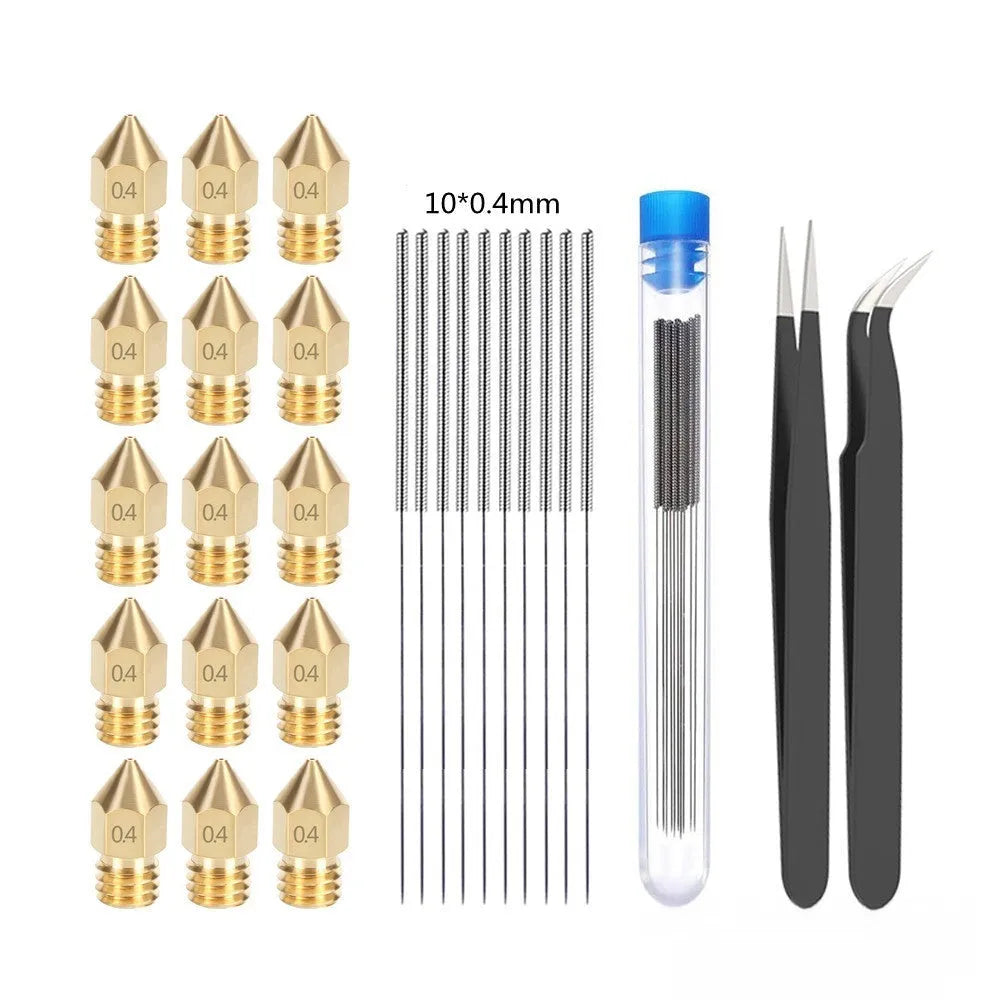 Brass MK8 3D printer nozzle and stainless steel cleaning pin kit with 0.4mm aperture