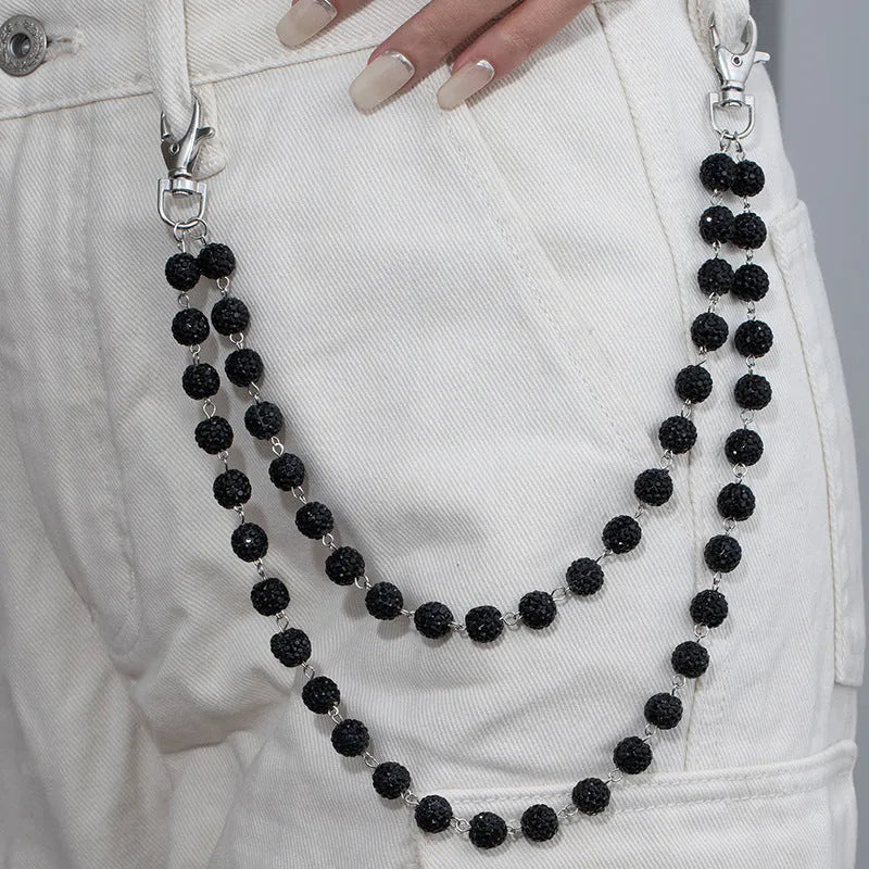 Alloy hip hop waist chain with diamond ball zipper detail, 115cm length, black colour option on display