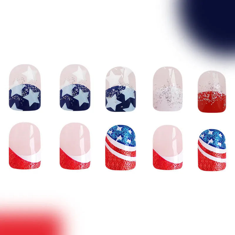 False nails with American flag and star design in red, white, and blue colours, short European square shape