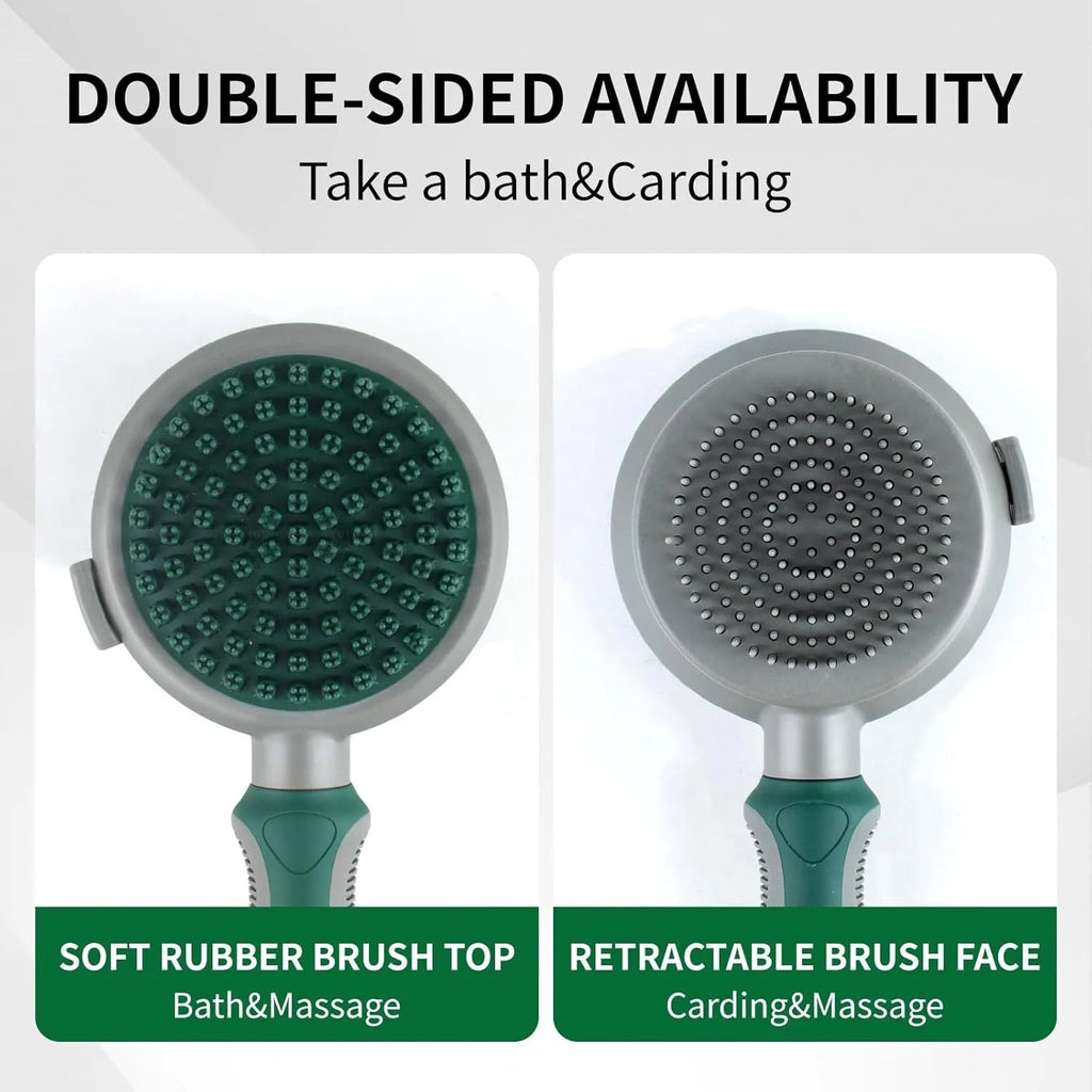 Green and pink dual-sided pet brush showing slicker brush side and silicone massage head side