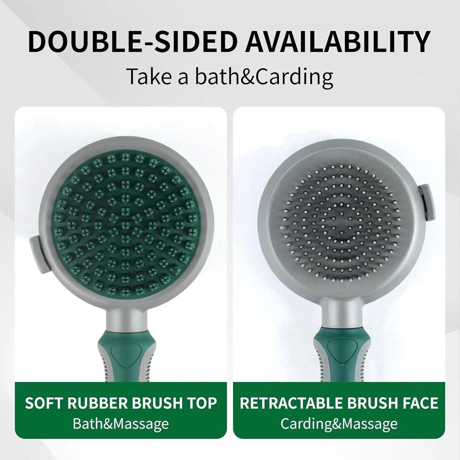 Green and pink dual-sided pet brush showing slicker brush side and silicone massage head side