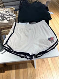 Dark blue women's high top sports hot pants with white flag embroidery and cotton fabric texture