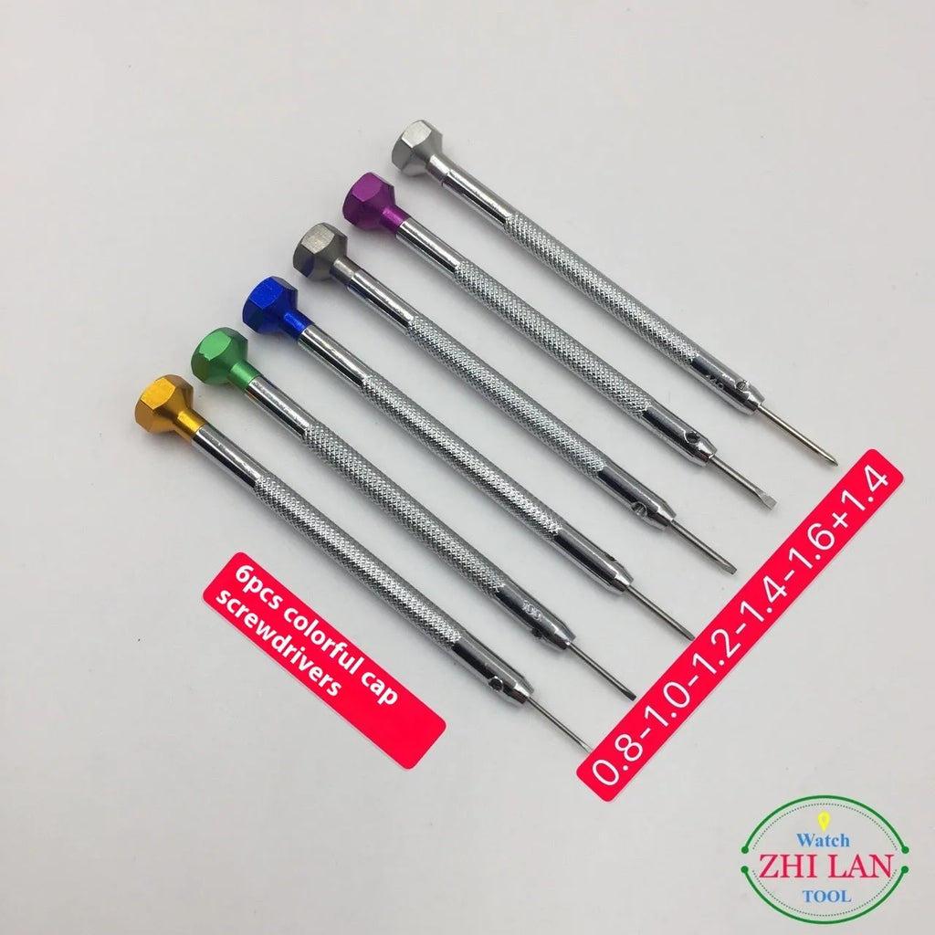 Six-piece watch repair screwdriver set with colour-coded aluminium handles and copper construction