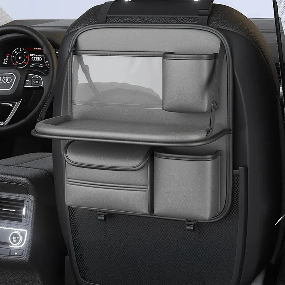 Leather car seat storage bag with foldable dining table in black colour