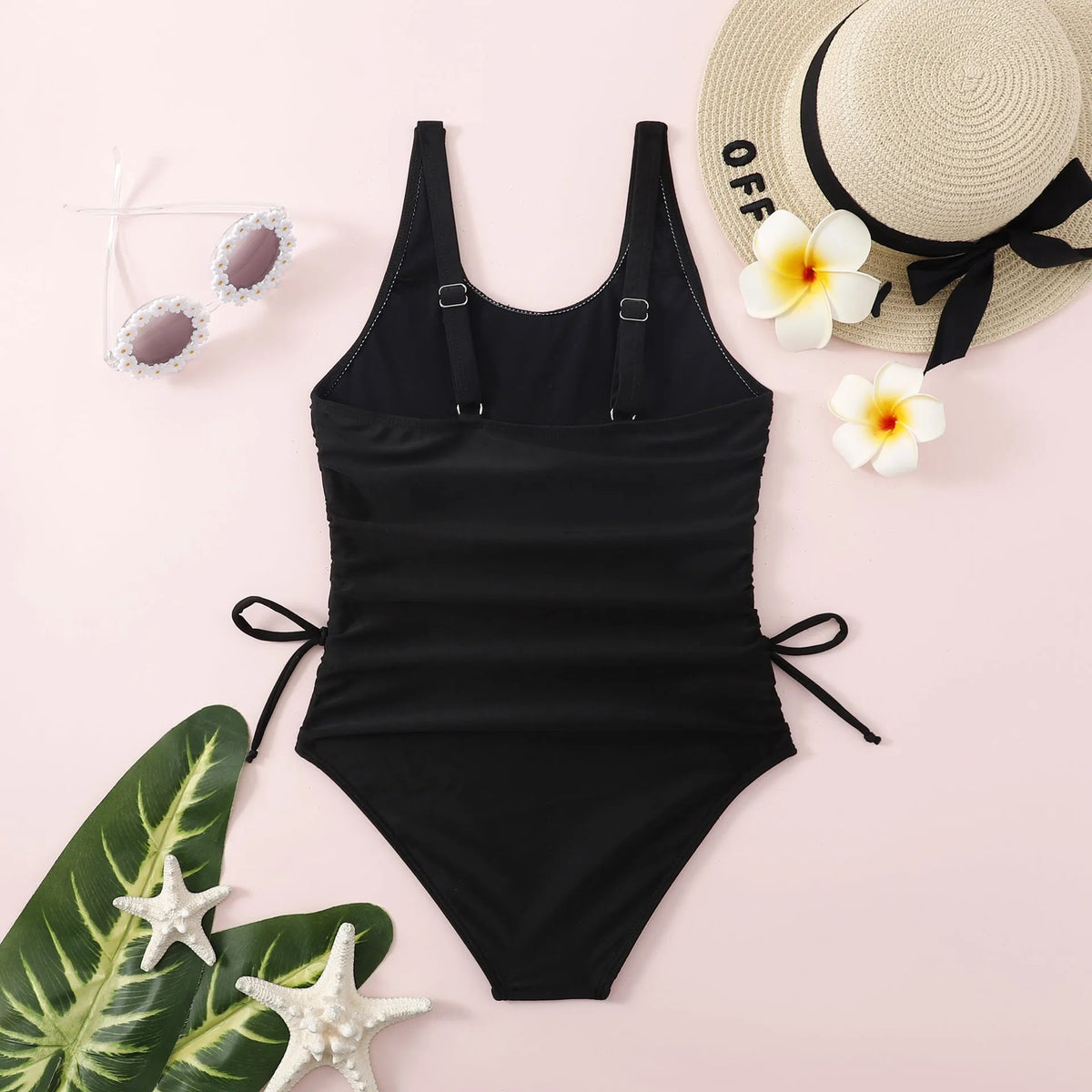 Black girls' swimsuit with pleated tie detail, briefs style, polyester spandex, sizes 130-160
