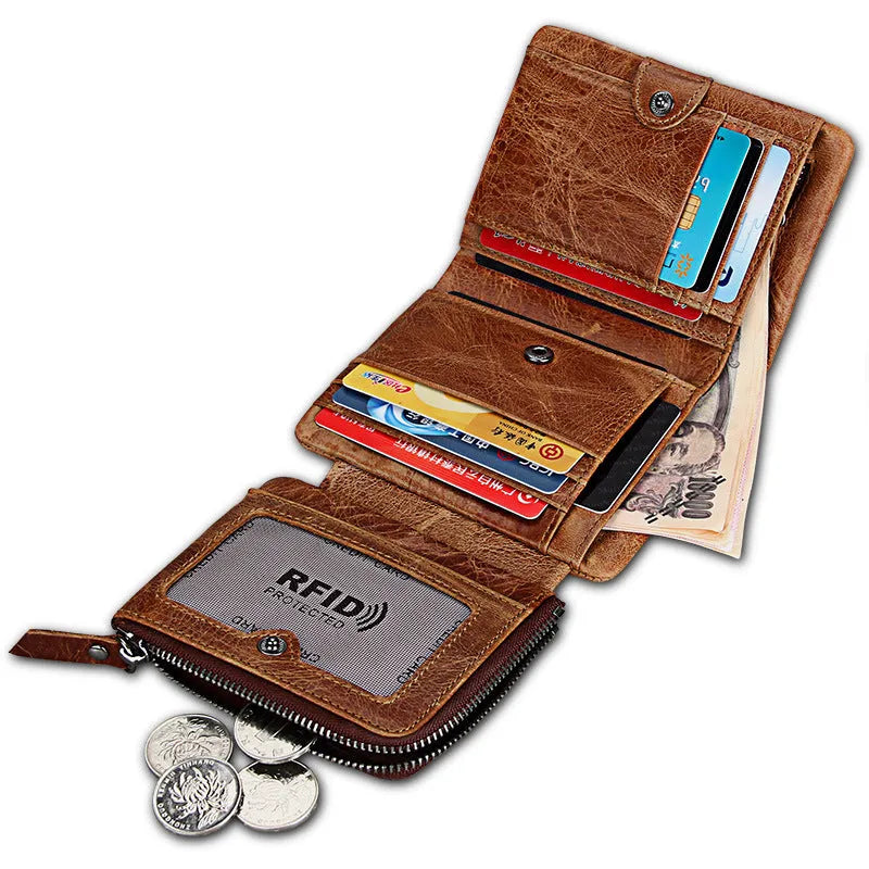 Retro men's leather wallet with multiple card slots in brown, black, or coffee first layer cowhide