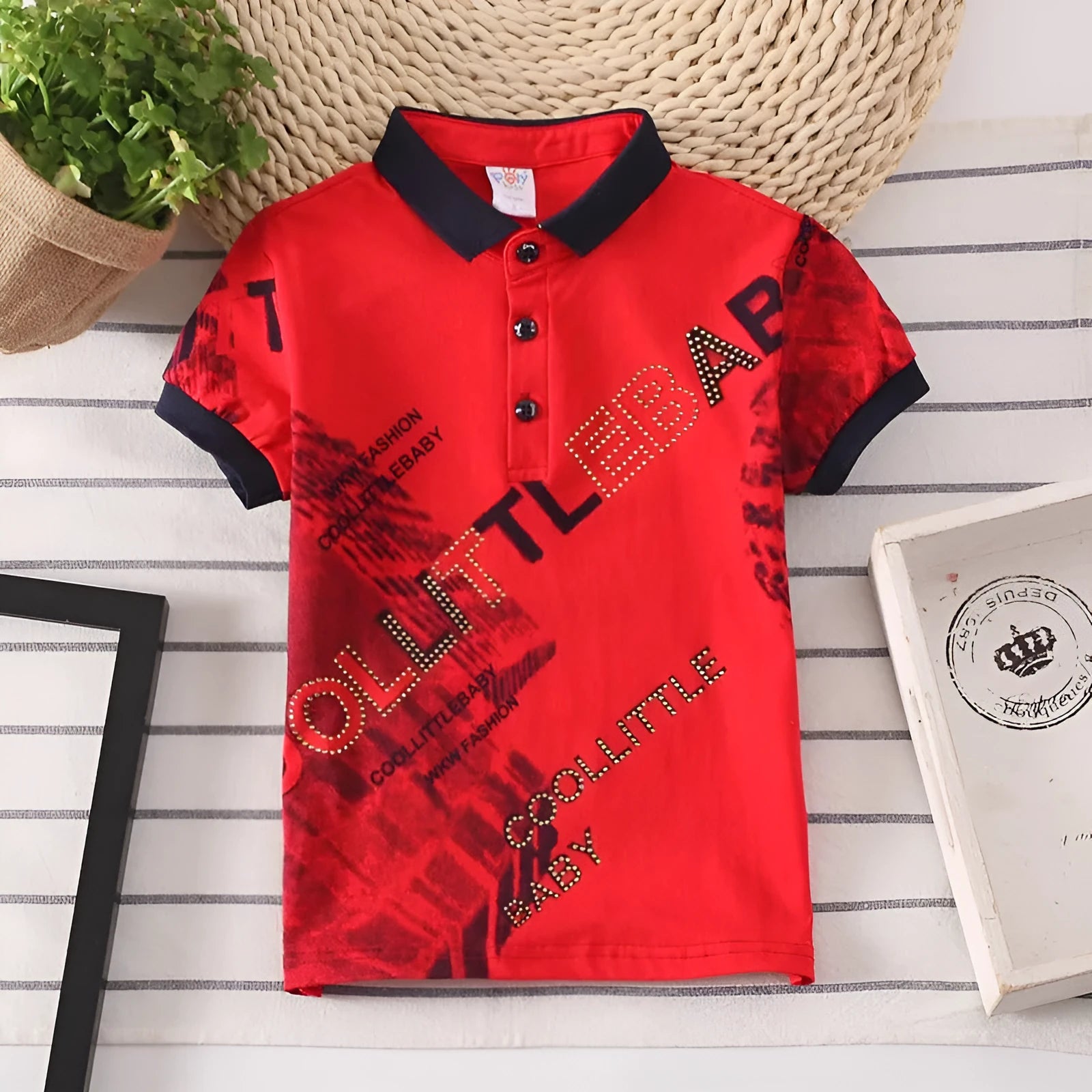 Children's short sleeve cotton shirt with lapel collar in solid colours