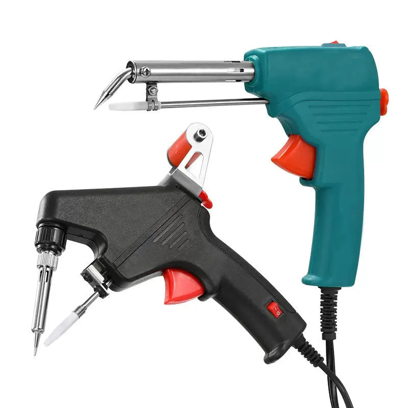 External heating soldering gun with black plastic handle, 220V EU plug, 235x215x50mm size, solder wire, stand, tweezers, and solder sucker