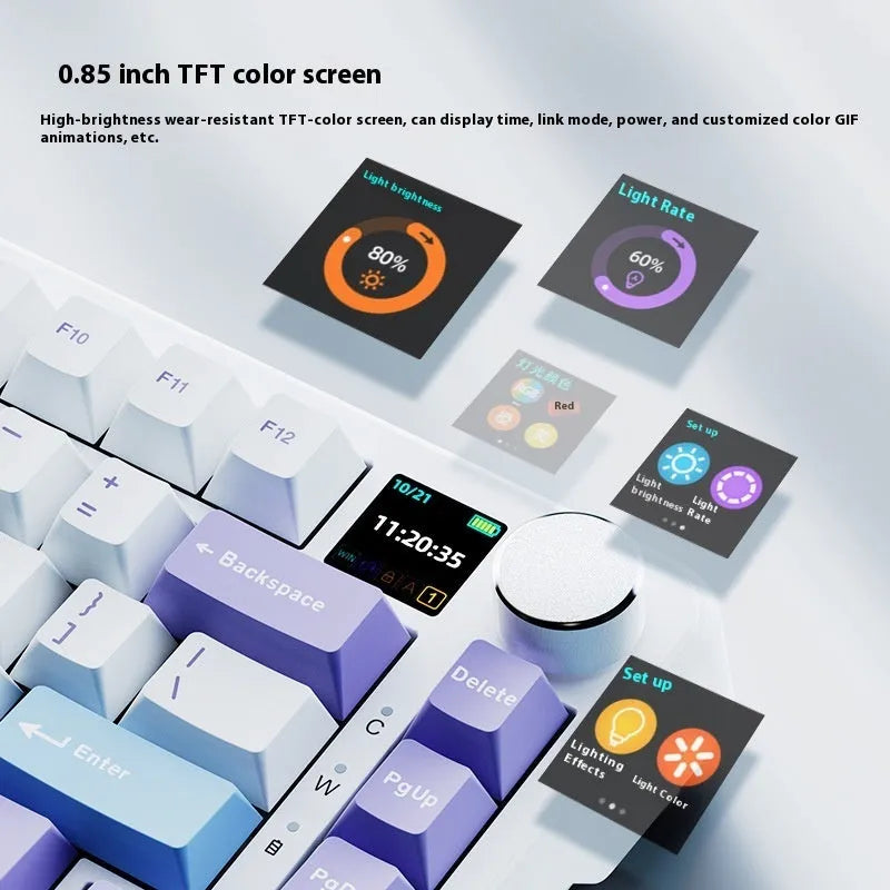 Three-mode wireless mechanical keyboard with black, grey and yellow colour scheme and included accessories