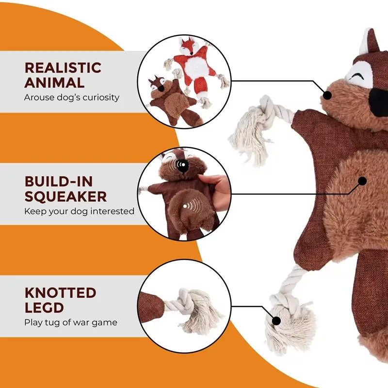 Set of six plush dog toys shaped like fox, squirrel, koala, monkey, rabbit, and tiger with squeakers