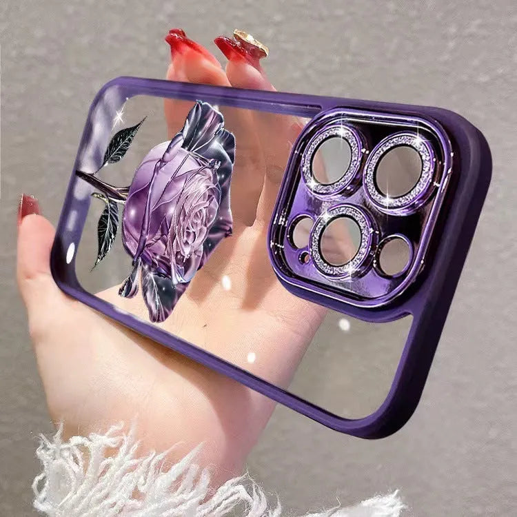 Dark Purple Fairy Rose TPU iPhone case with sparkling pink lens film for camera protection